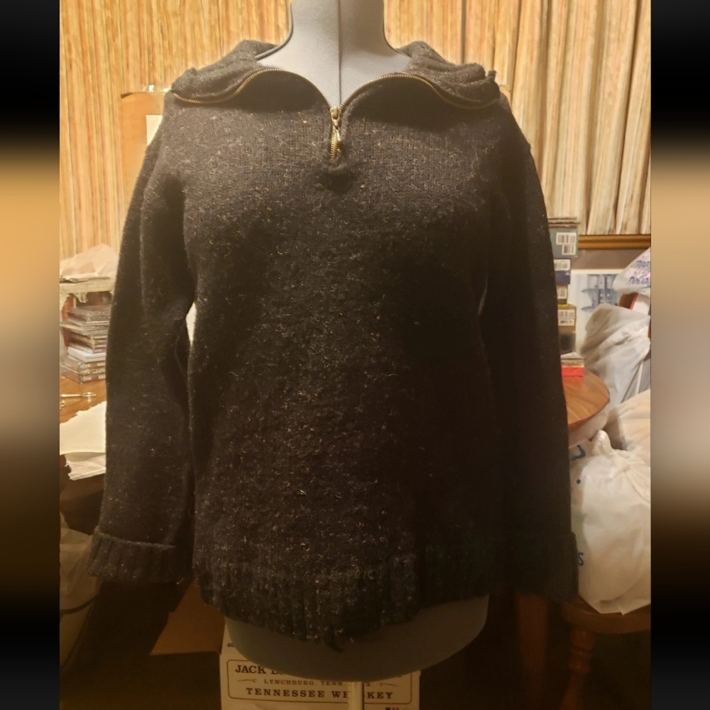 IRELAND ARAN CRAFTS SWEATER L GREY BLACK 100% WOOL MOCK TURTLENECK ZIPPER CUFF